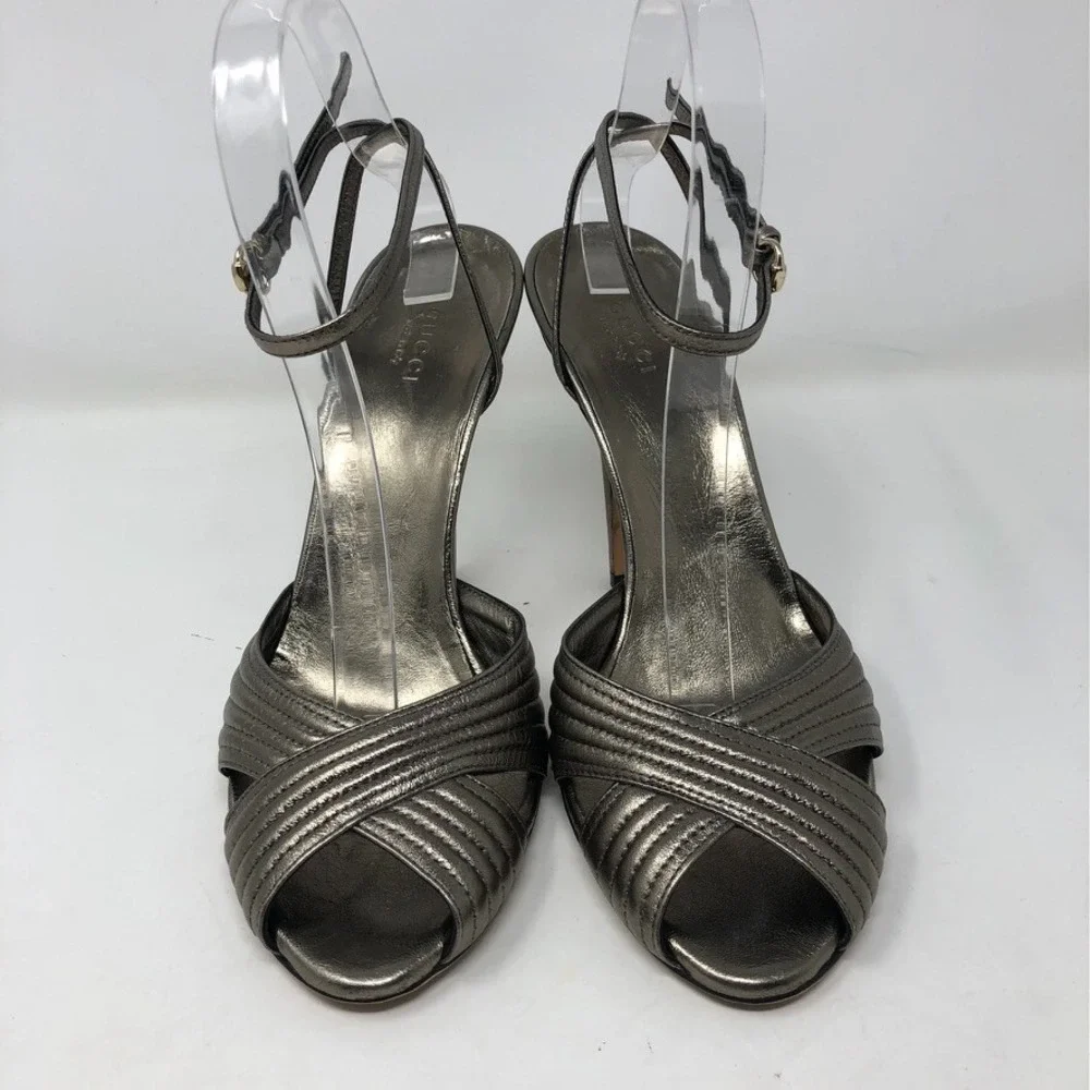 Gucci Sand Pelle Cuoio Sasso Stiletto Heels Womens 8.5 Champaign Metallic Party - Picture 2 of 15